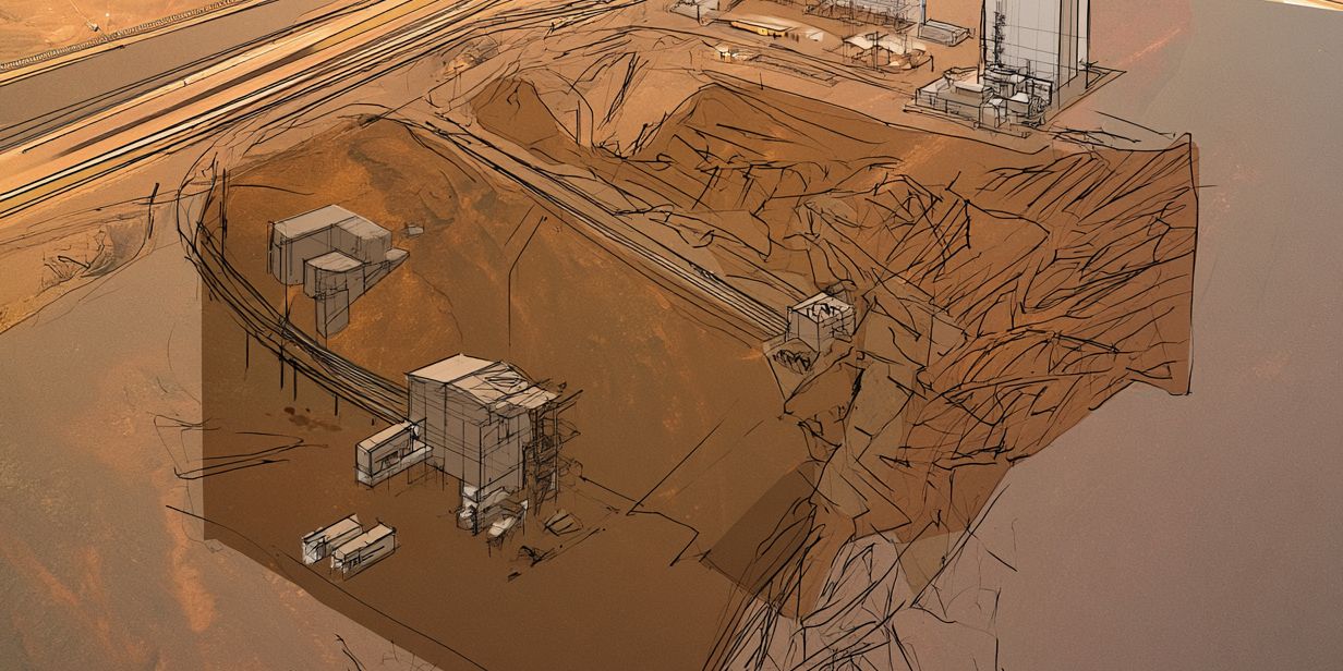 A concept sketch overlaid on an aerial view of a pit and processing area.