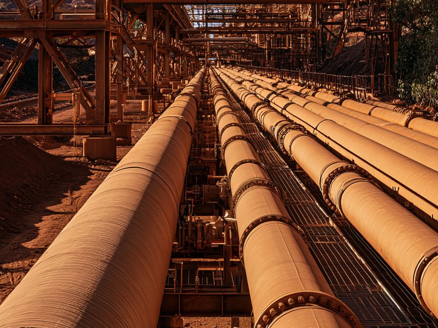 Large-diameter process piping running through a minerals processing plant.