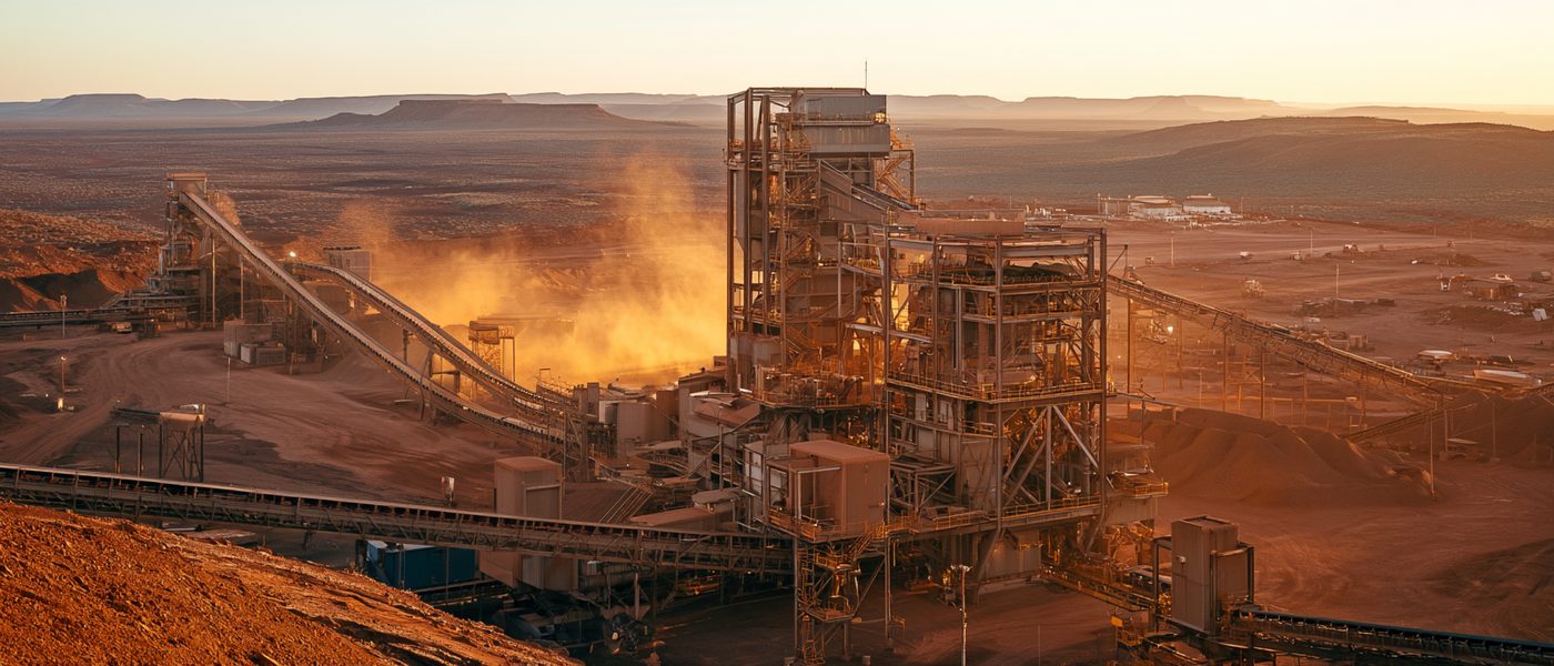 A mineral processing plant and conveyor system at dusk in the Western Australian Pilbara, with ore dust lit by the setting sun.